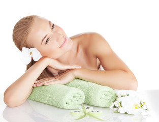 Wall Mural - Beautiful woman enjoying spa salon