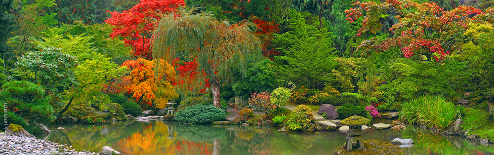 Japanese Garden panoramic view - obrazy, fototapety, plakaty 