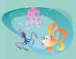 Underwater ocean life cuttlefish octopus and fish