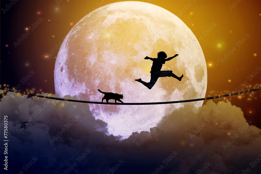 teenager and cat walking jumping on tight rope above clouds - obrazy, fototapety, plakaty 