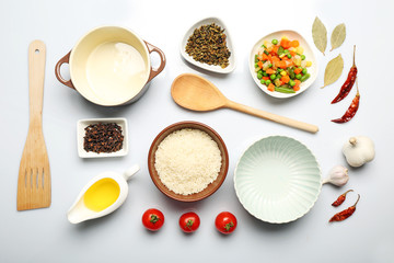 Poster - Food ingredients and kitchen utensils for cooking isolated