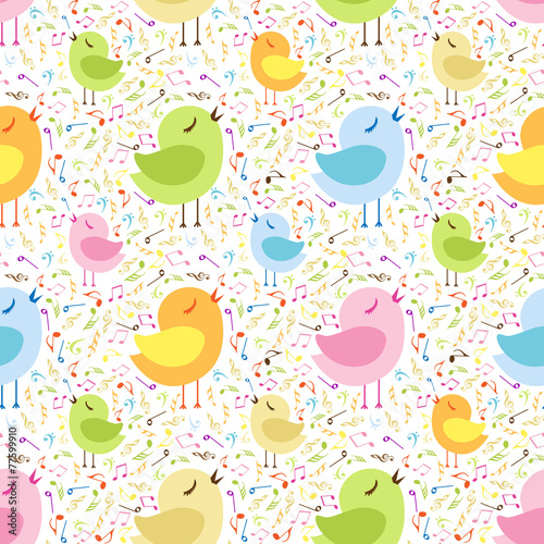 Naklejka - mata magnetyczna na lodówkę Musical pattern with cute birds.