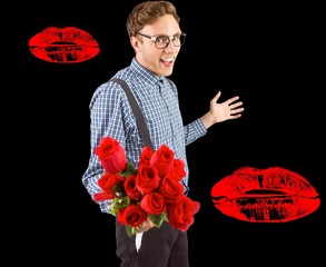Poster - Composite image of geeky hipster holding a bunch of roses