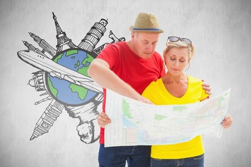 Poster - Composite image of lost tourist couple using map