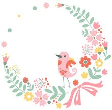 Vintage Floral Background With Cute Bird In Pastel Colors