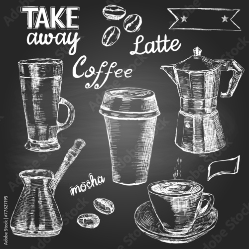 Obraz w ramie Set of hand drawn coffee cups and items