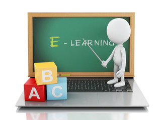 Poster - 3d white people with laptop. e- learning concept.