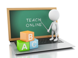 Poster - 3d white people with laptop. Online education concept