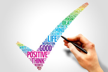 positive thinking check mark word cloud, business concept