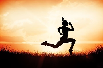 Aufkleber - Composite image of fit brunette running and jumping