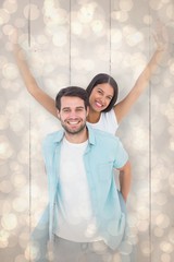 Poster - Happy casual man giving pretty girlfriend piggy back