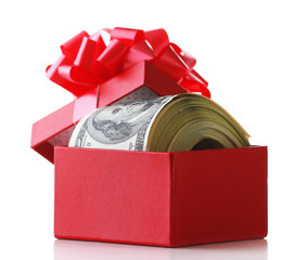 Wall Mural - Bundle of dollars in present box with bow isolated on white