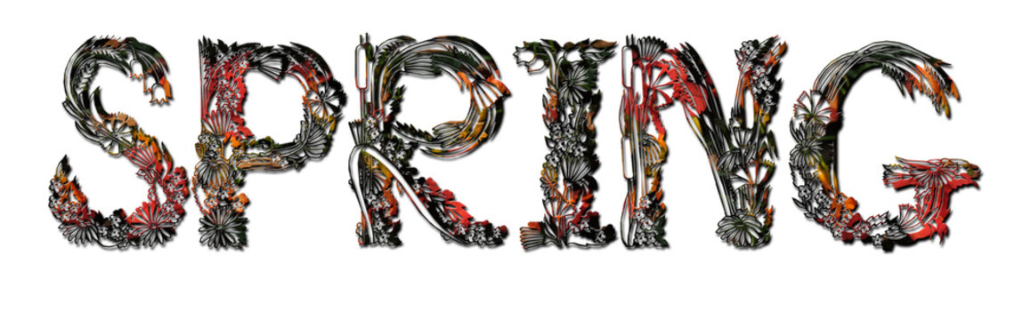 Colorful flowery spring text on white background