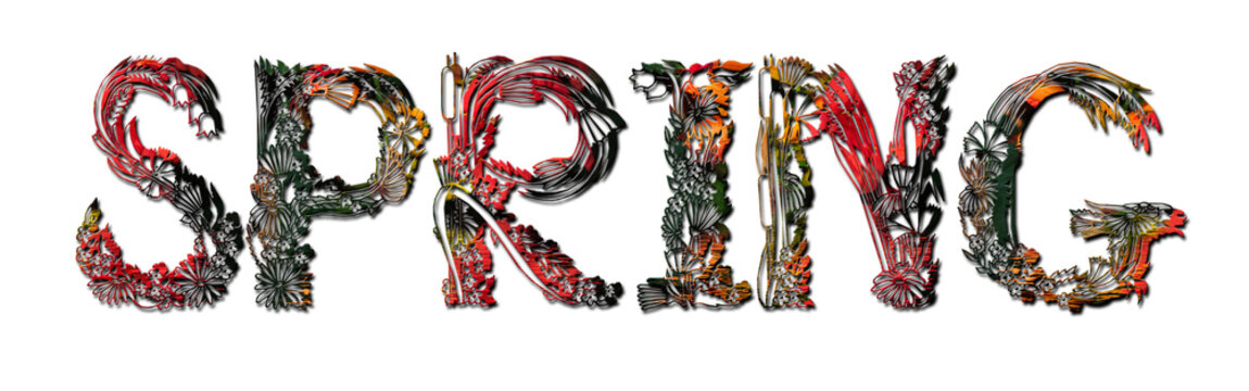 Colorful flowery spring text on white background