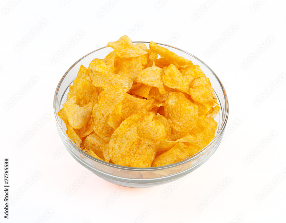 Chips Schuessel weisser hintergrund Stock Photo