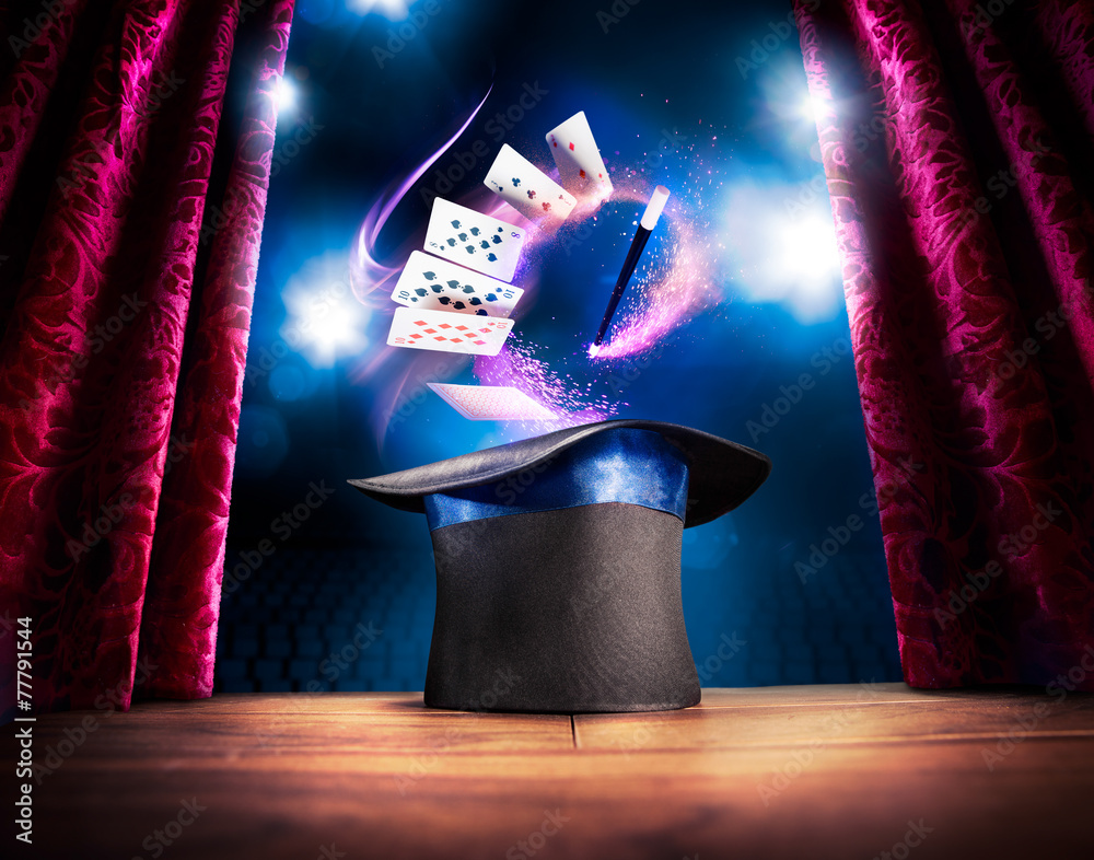 High contrast image of magician hat on a stage - obrazy, fototapety, plakaty 