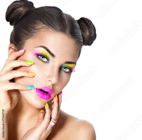 Naklejka na meble Beauty girl with colorful makeup, nail polish and accessories