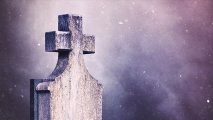 Wall Mural - Cross on the cemetery during snowfall