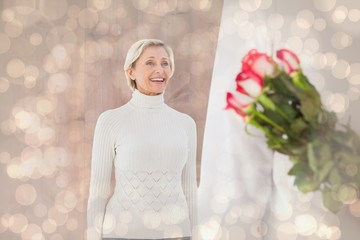 Aufkleber - Composite image of man hiding bouquet of roses from older woman