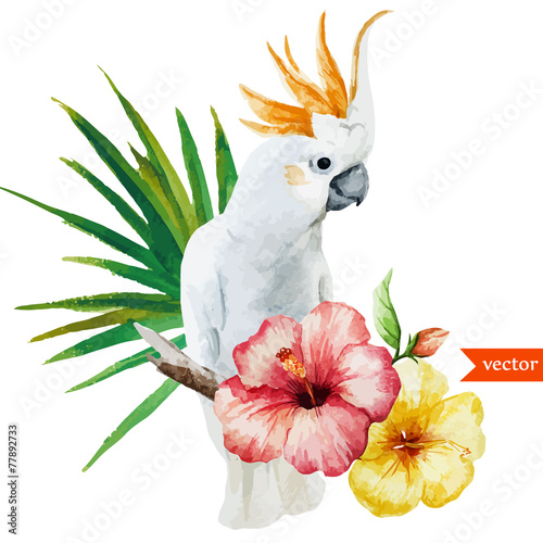 white parrot, hibiscus, tropical, palm trees, flowers, pattern
