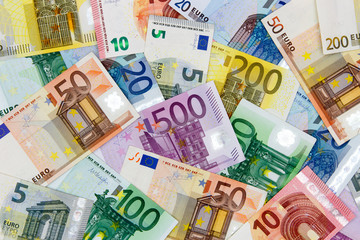 Different Euro banknotes from 5 to 500 Euro