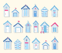Hand Drawn Blue And Pink Beach Huts On A Light Background