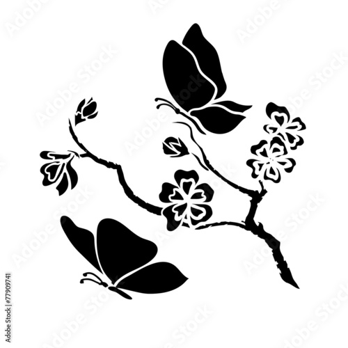 galaz-wisni-z-kwiatami-i-motylami-czarna-grafika-wektorowa