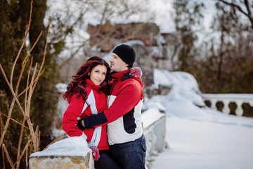  Outdoor fashion portrait young couple in winter
