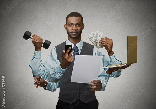 Fotografía Multitasking business man busy executive on grey background