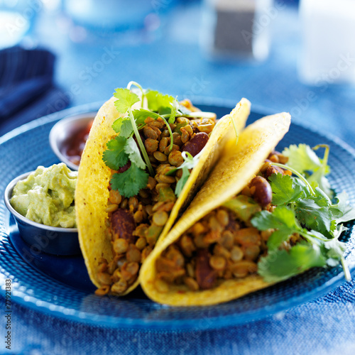 Fotografie, Obraz vegan lentil tacos with cilantro and guacamole on the side