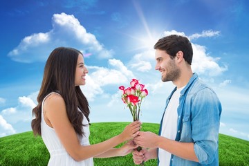 Poster - Composite image of happy hipster giving his girlfriend roses