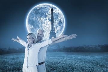 Aufkleber - Composite image of happy couple standing with arms outstretched