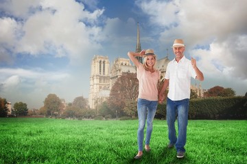 Aufkleber - Composite image of happy couple walking holding hands