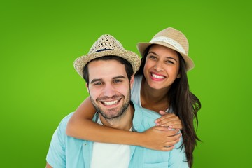 Poster - Happy casual man giving pretty girlfriend piggy back
