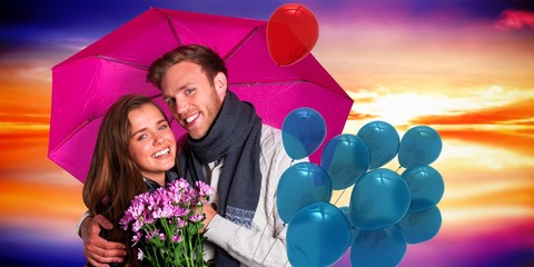 Poster - Cheerful young couple with flowers and umbrella