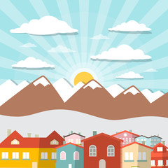 Poster - Houses - City Mountain Vector Flat Design Illustration