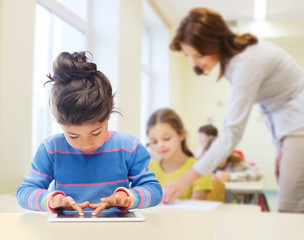 Sticker - little school girl with tablet pc over classroom