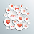 3d Circles with red valentines icons on gray background.