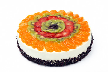 Wall Mural - Cream cake with fruits on white background