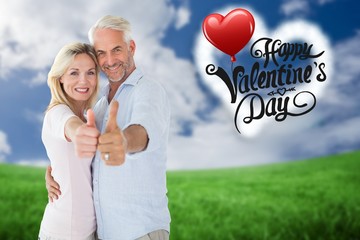 Poster - Composite image of smiling couple showing thumbs up together