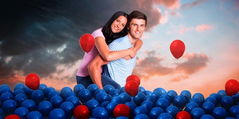Poster - Composite image of young man giving girlfriend a piggyback ride
