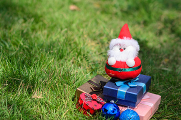 Santa doll with christmas decoration on green grass outdoor.