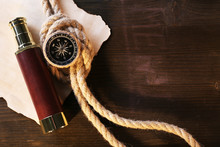 Marine Still Life Spyglass, Compass Rope And Sheet Of Paper