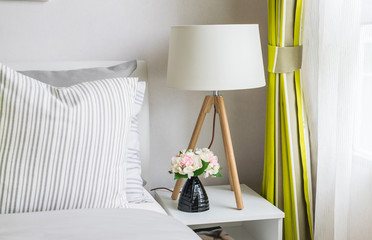 modern bedroom with wood lamp at home