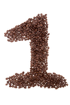 Roasted coffee beans placed in the shape of number one