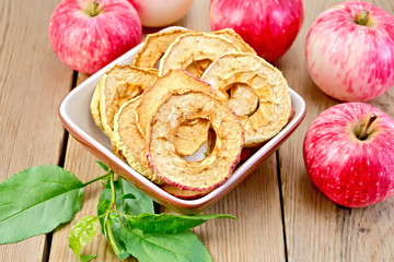 Poster - Apples fresh and dried in bowl on board with sheet