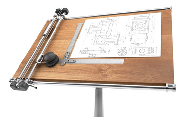 drawing table with project blueprint isolated on white with clip