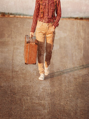 Poster - Traveler walking with suitcase, vintage image