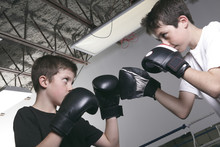 Young Boy With Black Boxing Gloves Fight With Is Brother