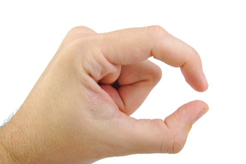 Wall Mural - Hand showing a tiny size sign isolated on white background. Hand